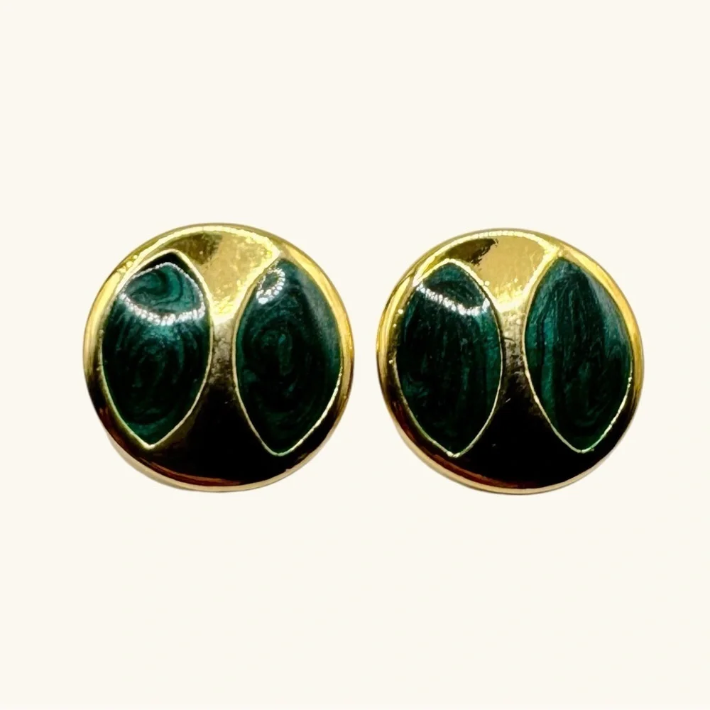 Vintage Green Enamel Gold Tone Round Stud Earrings | Retro Modern